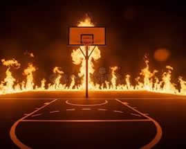 dark dramatic basketball court background with orange light glow and fire elements, AI generated
