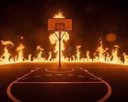 dark dramatic basketball court background with orange light glow and fire elements, AI generated